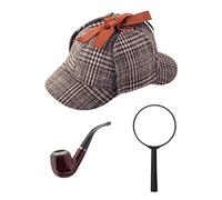 NAUZE Set di 3 accessori per travestimento da detective con lente d'ingrandimento, pipa e cappello da cacciatore di cervi vittoriano, kit per costume da Sherlock, accessori per feste di Halloween