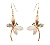 Navachi 18k Gold Plated White Crystal Created-Opal Dragonfly Dangle Earrings
