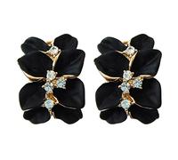 Navachi Omega Orecchini placcati in oro da 18 k, smaltati, in cristallo, a forma di fiore con foglie e 18ct base metallo placcato oro, colore: Black, cod. HB6-2007-1