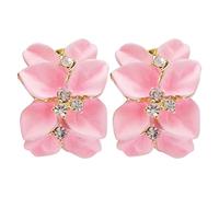 Navachi - Orecchini placcati in oro 18 k, smaltati, in cristallo, a forma di fiore con foglie, colore: rosa