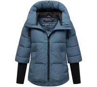 Navahoo Moderna giacca invernale da donna, calda trapuntata con cappuccio e maniche a costine, motivo loto XIV XS-3XL, Blu polveroso, S
