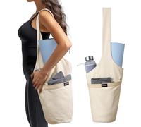 Navaris Borsa di Tela per Yoga - Pratica Sacca Porta Tappetino e Accessori Palestra - Pratica con Tasca Laterale e Interna con Chiusura Zip - Tracolla Beige