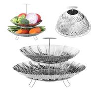 Navaris Cestello Cottura a Vapore in Acciaio Inox - Cestino Vaporiera in Metallo su 2 Livelli - Ø 26,5 x 21,7 cm - Griglia Steamer con Manico - Cuoci Verdure Carne e Pesce