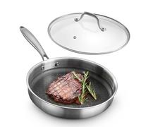 Navaris Padella in acciaio inox con coperchio in vetro, durevole e resistente ai graffi, padelle da 26 cm con manico in metallo che rimane freddo, struttura a tre strati, ideale per tutti i fornelli