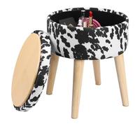 Navaris Poggiapiedi Maculato - Pouf Contenitore Design Mucca - Pouf Poggiapiedi per Divano e Poltrona - Sgabello Poggiapiedi in Velluto Bianco e Nero - Coperchio con Ripiano Legno
