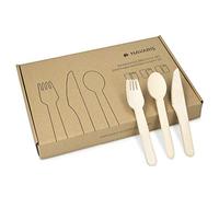 Navaris Posate in Legno Usa e Getta - Set 100x Forchette 50x Coltelli 50x Cucchiai - Stoviglie Monouso Ecologiche e Biodegradabili in Betulla