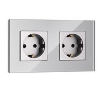 Navaris Presa Schuko Doppia - Placca con 2 Prese da Muro - per Spina Tedesca Tipo F - con Pannello in Vetro Temperato Antigraffio - Adatta a Scatola da Incasso a Muro - Grigio