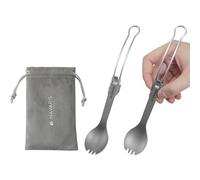 Navaris Spork Pieghevoli - Set di 2 Forchette e Cucchiai 2 in 1 da 21,5 cm - Posate da Campeggio in Acciaio Inox e Titanio - Include Portaposate da Viaggio in Flanella