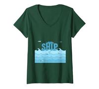 Nave Vela Ocean Waves Pesce Maritime Adventure Maglietta con Collo a V, Donna, Verde Foresta, S