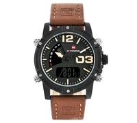 Naviforce - Cyclone - Dual Time (NF9095) Orologi da uomo Analogico digitale antiallergico (Cinturino: marrone con cuciture marroni/indice: crema)