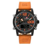 Naviforce - Cyclone - Dual Time (NF9095) Orologi da uomo Analogico digitale antiallergico (Cinturino: marrone chiaro con cuciture arancioni/indice: arancione)