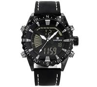 NAVIFORCE - NF9136L - Orologio da polso al quarzo digitale analogico Dual Time da uomo, cinturino in pelle, impermeabile (Cinturino: nero con cuciture bianche/indice bianco)