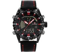 NAVIFORCE - NF9136L - Orologio da polso al quarzo digitale analogico Dual Time da uomo, cinturino in pelle, impermeabile (Cinturino: nero con cuciture rosse/indice rosso)