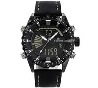NAVIFORCE - NF9136L - Orologio da polso al quarzo digitale analogico Dual Time da uomo, cinturino in pelle, impermeabile (Cinturino: nero con cuciture grigie/indice grigio)