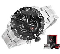 Naviforce - NF9136S - Orologio da polso al quarzo digitale analogico Dual Time da uomo, cinturino in metallo, impermeabile (Cinturino: argento/indice: bianco)