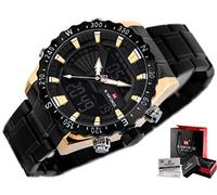 Naviforce - NF9136S - Orologio da polso al quarzo digitale analogico Dual Time da uomo, cinturino in metallo, impermeabile (Cinturino: Nero/Indice: Rosegold)