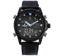 Naviforce - NF9138L - Orologio da polso al quarzo digitale analogico Dual Time da uomo, cinturino in pelle, impermeabile (Cinturino: nero con cuciture blu/Cassa: nero)