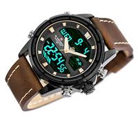 Naviforce - NF9138L - Orologio da polso al quarzo digitale analogico Dual Time da uomo, cinturino in pelle, impermeabile (Cinturino: marrone scuro con cuciture bianche/Cassa: nero)