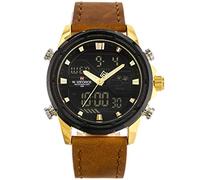 Naviforce - NF9138L - Orologio da polso al quarzo digitale analogico Dual Time da uomo, cinturino in pelle, impermeabile (Cinturino: marrone chiaro con cuciture marroni/Cassa: oro)