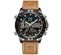 Naviforce - NF9146L - Orologio da polso al quarzo digitale analogico Dual Time da uomo, cinturino in pelle, impermeabile (Cinturino: marrone chiaro/indice: giallo, argento)