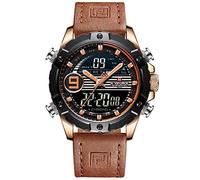 Naviforce - NF9146L - Orologio da polso al quarzo digitale analogico Dual Time da uomo, cinturino in pelle, impermeabile (Banda: Cammello/Indice: Arancione, Rosegold)