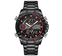 Naviforce - NF9146S - Orologio da polso al quarzo digitale analogico Dual Time da uomo, cinturino in metallo, impermeabile (Cinturino: nero/indice: rosso, argento)