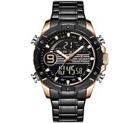 Naviforce - NF9146S - Orologio da polso al quarzo digitale analogico Dual Time da uomo, cinturino in metallo, impermeabile (Cinturino: nero/indice: oro rosa, argento)