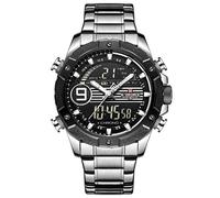 Naviforce - NF9146S - Orologio da polso al quarzo digitale analogico Dual Time da uomo, cinturino in metallo, impermeabile (Cinturino: argento/indice: bianco, argento)