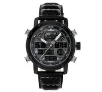 Naviforce - NF9160 - Orologio da polso al quarzo digitale analogico Dual Time da uomo, cinturino in pelle, impermeabile (Cinturino: nero con cuciture grigie/indice: grigio)