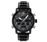 Naviforce - NF9160 - Orologio da polso al quarzo digitale analogico Dual Time da uomo, cinturino in pelle, impermeabile (Cinturino: nero con cuciture bianche/indice: bianco)