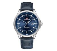 NAVIFORCE Orologi impermeabili minimalisti della cinghia di cuoio del quarzo degli uomini con la data automatica, Argento blu, Moda