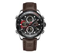 NAVIFORCE Orologio da polso da uomo, digitale, analogico, al quarzo, impermeabile, sportivo, multifunzione, in pelle, argento e nero., Moda