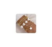 Navirix Set di 4 braccialetti a forma di cuore con perle dorate per le donne impilabili cubani braccialetti a catena regolabili con clip a forma di stella accessori per gioielli, Large, Metallo