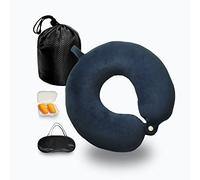 NavoX Cuscino da viaggio Cuscino collo in memory foam Cuscino di supporto, Maschera per dormire/tappo per le orecchie/sacchetto, confezione rapida compatta e leggera per campeggio,voli (blu)