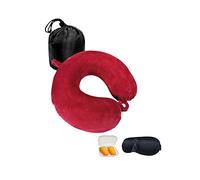 NavoX Cuscino da viaggio Cuscino collo in memory foam Cuscino di supporto, Maschera per dormire/tappo per le orecchie/sacchetto, confezione rapida compatta e leggera per campeggio,voli (Rosso)