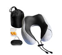 NavoX Cuscino da viaggio Cuscino viaggio in memory foam cuscino collo con maschera per dormire, tappi per le orecchie, tasca sul collo, leggero per campeggio, auto, ufficio, (Grigio)