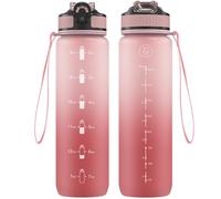 NAVTUE Borraccia con cannuccia, 1 l, con tacche orarie, a prova di perdite, in Tritan senza BPA, per scuola, ciclismo, corsa (rosa chiaro, 1 bottiglia)