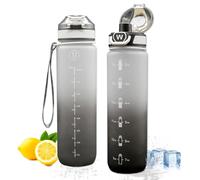 Navtue Borraccia da 1 l con senza BPA, marcatura del tempo, a prova di perdite, per fitness, ciclismo, ufficio, corsa, palestra, yoga (nero-grigio)
