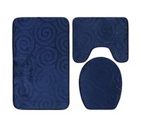 Navy Blue Bathroom Mat Set Stone Embossed Soft Absorbent Toilet Lid Cover Bathtub Side Floor Mats Non Slip PVC Bottom Polyester Carpet Kit (Navy Blue)