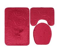 Navy Blue Bathroom Mat Set Stone Embossed Soft Absorbent Toilet Lid Cover Bathtub Side Floor Mats Non Slip PVC Bottom Polyester Carpet Kit (Red)