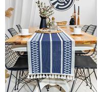 Navy Blue Table Runner Boho Style 14 x 60 Inch | Farmhouse Stripe Runner for Coffee Table , Thanksgiving, Christmas - Handcrafted Woven Cotton Blue Spring Runner for Table, Dining Room Decor