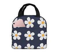 Navy Daisy Flwoer - Borsa per il pranzo per donne e uomini, riutilizzabile, con tasca a fronda, per lavoro, picnic, viaggi