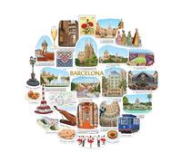 Navy Peony Adesivi da viaggio Amata Barcellona (28 pezzi) - Stile gouache, decalcomanie a tema città spagnola per valigie, laptop & borracce