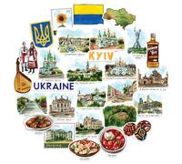 Navy Peony Adesivi da Viaggio Resiliente Ucraina (28 pezzi) - Decalcomanie a Tema del Patrimonio Ucraino Illustrate a Mano per Diari, Album e Bagagli