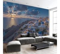 NAWVNMI Santorini Tramonto Carta da Parati Seta Tessuto 200 x 140cm Blu Bianco Romanticismo Viaggio Fotomurali Carta da Parati Panoramica per Soggiorno, Ufficio, TV Sfondo al Chiuso Decorazione