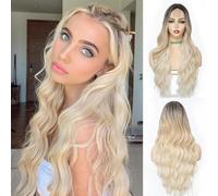 NAYOO Parrucca bionda ondulata lunga 66 cm, da donna, con radici scure, dall'aspetto naturale, biondo platino, parrucca sintetica sfumata con riga centrale, per uso quotidiano, Halloween, cosplay e