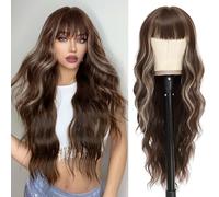 NAYOO Parrucca castana con frangia, da donna, capelli lunghi e mossi, resistente al calore, in fibra sintetica, per uso quotidiano e feste, 66 cm (biondo misto castano)