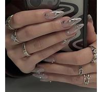 Nayyana 24 pezzi Pressa a mandorla su unghie Unghie finte medie Colla a spirale su unghie Strass Unghie acriliche a stiletto con design Argento Onda d'acqua Compresse per unghie