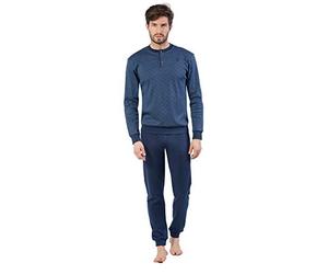 Nazareno Gabrielli Pigiama Uomo Lungo Scollo Serafino Caldo Cotone Interlock U609 Colore Blu