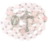 Nazareth Store Collana Rosario con Perle di Giada Bianca da 8 mm e Pietra di Quarzo Rosa da 10 mm, Medaglia Miracolosa e Crocifisso, Grani di Preghiera Cattolici